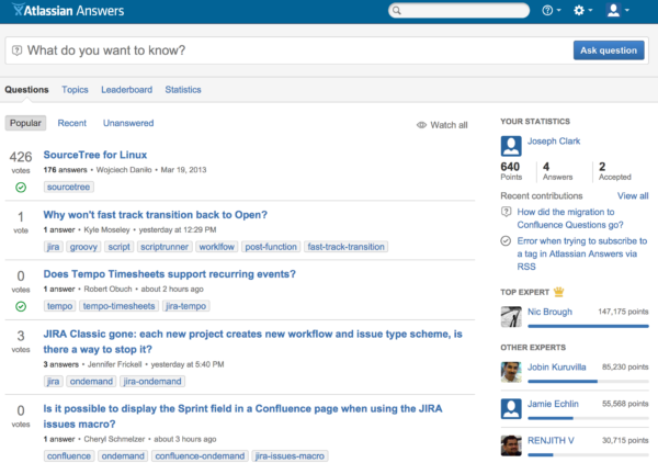 screenshot of new Atlassian Answers home page