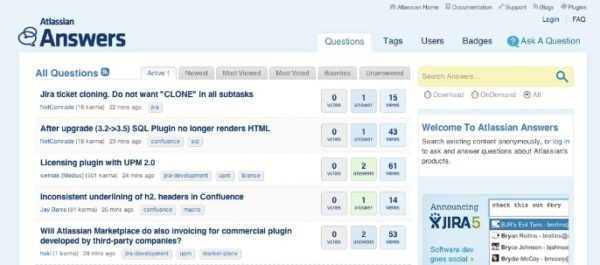 Screenshot of Atlassian Answers' original design