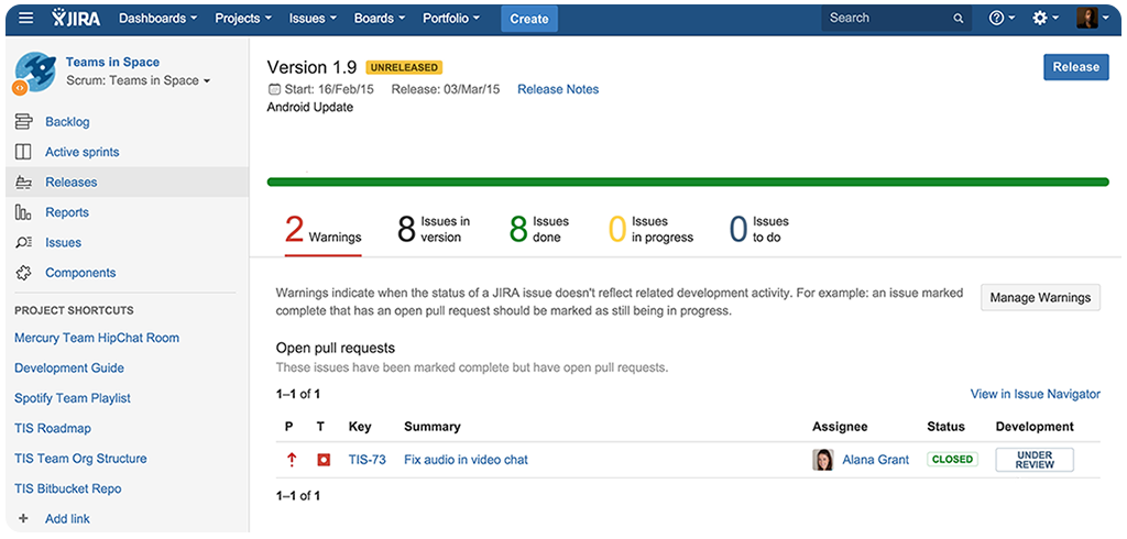 Release hub combines data from JIRA Software and Bitbucket