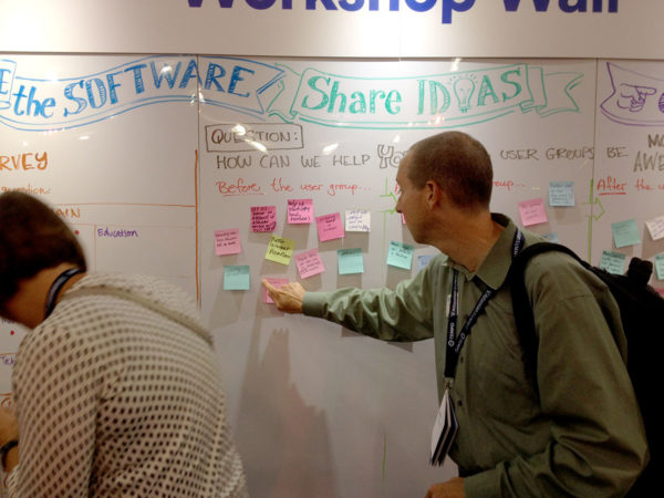 Photo of two people adding their thoughts and ideas to a big whiteboard wall at Summit14