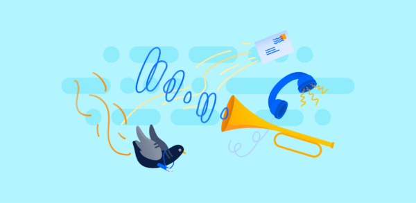 a representation of communication through a phone, a trumpet, a letter and a carrier pigeon