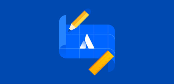 illustration of a blueprint with the Atlassian logo, surrounded by a pencil and ruler