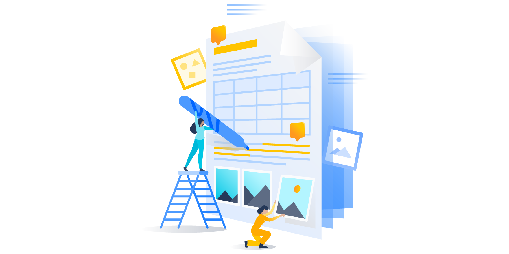 A colorful illustration of little people working on large pages with giant pens