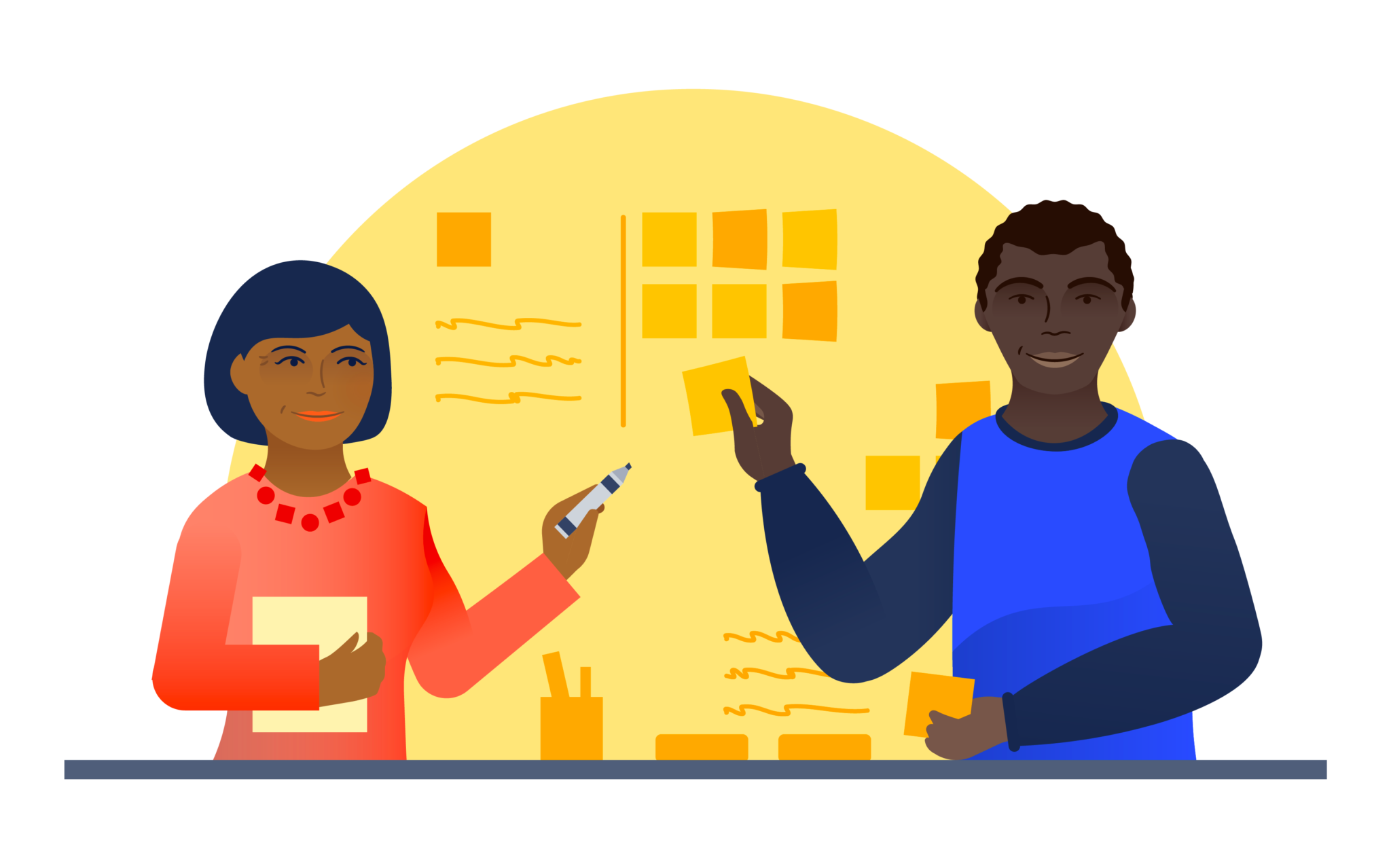 Illustration of two coworkers collaborating on a board