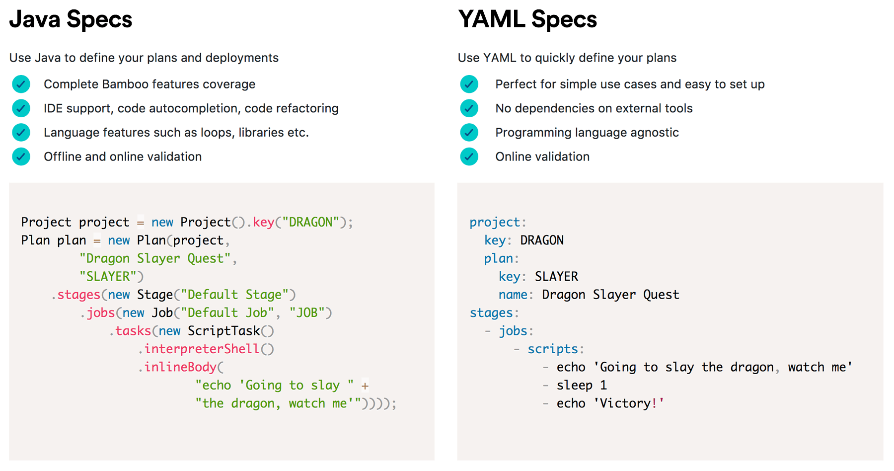 Bamboo build plan spec comparison for Java and YAML