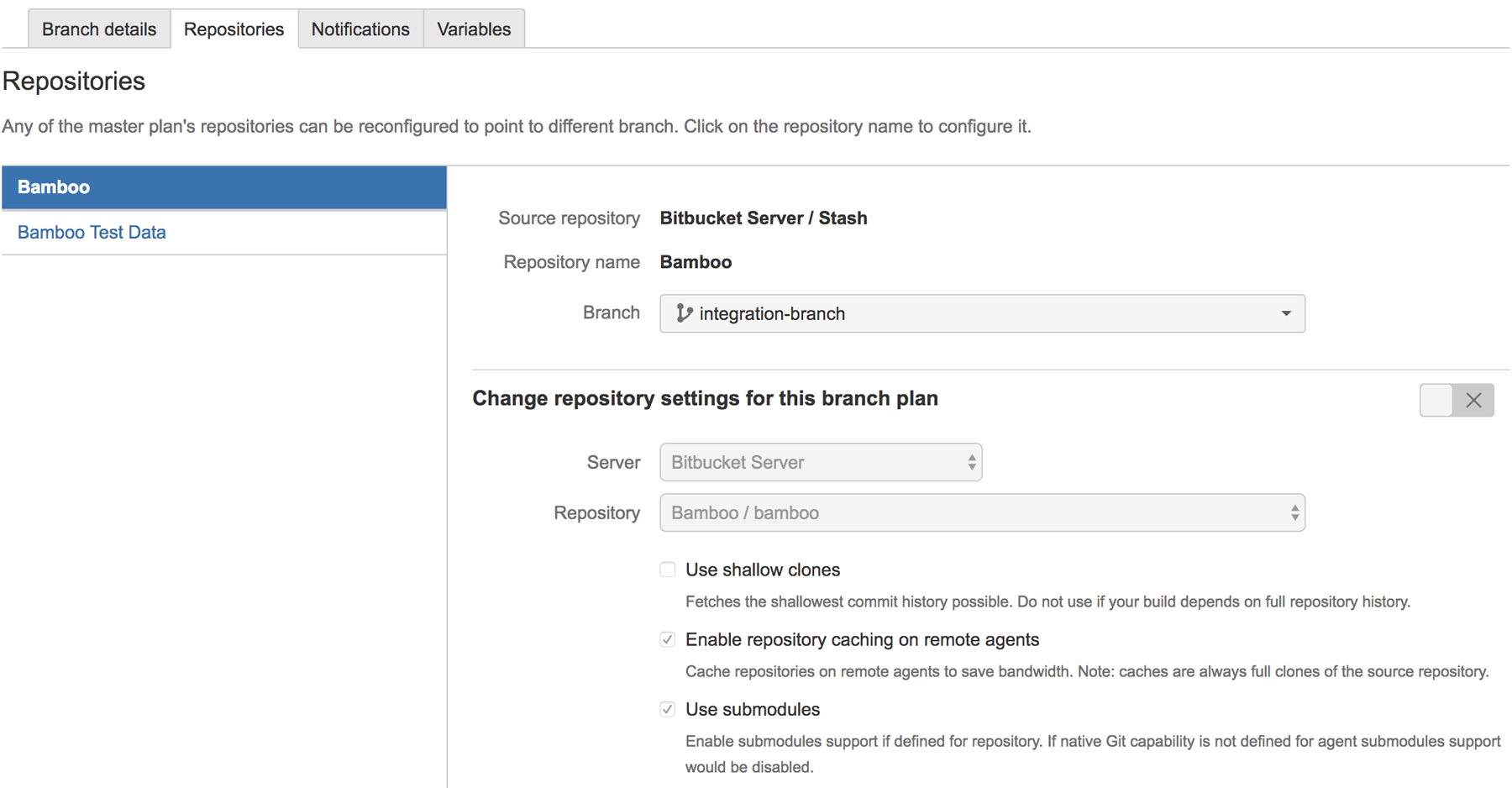 Bamboo multiple repository branch control UI