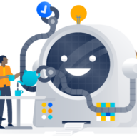 Illustration of team working on happy robot machine – emotional intelligence articles.