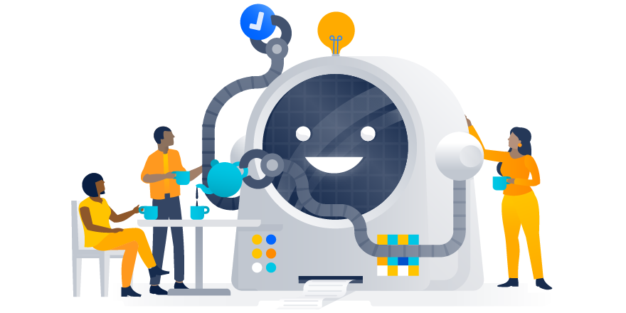 Illustration of team working on happy robot machine – emotional intelligence articles.