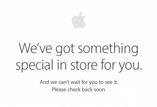 Apple logo with caption "We've got something special in store for you. And we can't wait for you to see it. Please check back soon.". Screen capture.
