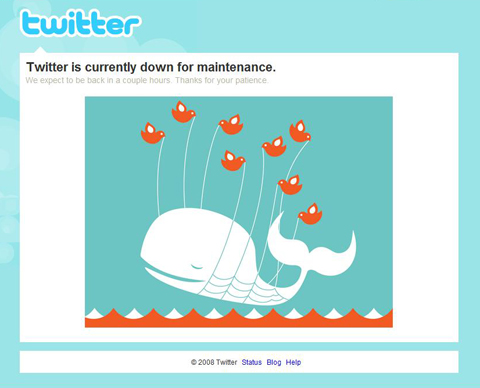 Twitter's maintenance page with message "Twitter is currently down for maintenance. We expect to be back in a couple hours. Thanks for your patience" and digital image of a whale being lifted out of water. Screen capture.