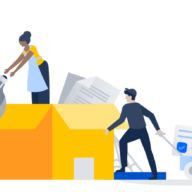 illustrations of people unpacking a giant box, a woman giving a light bulb to another woman, a man pulling a wagon with large documents in it.