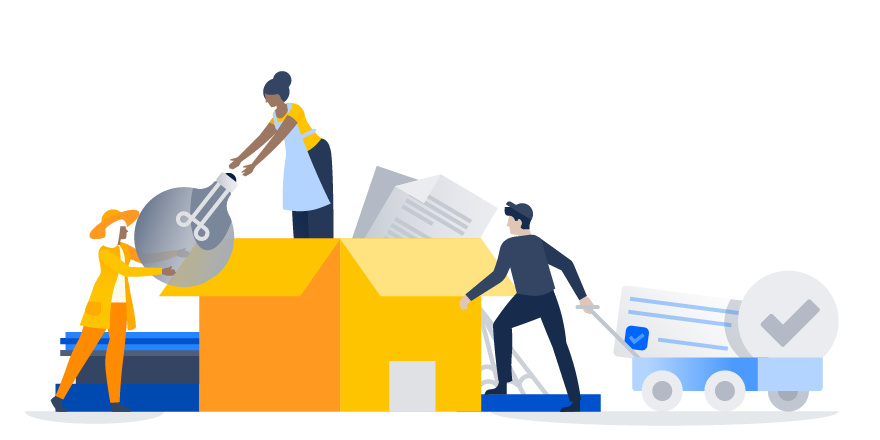 illustrations of people unpacking a giant box, a woman giving a light bulb to another woman, a man pulling a wagon with large documents in it.