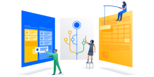 Illustrations of people working on large confluence pages