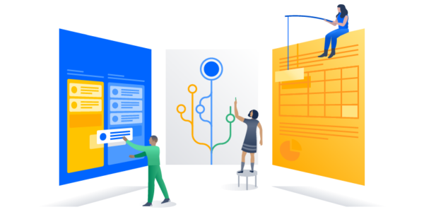 Illustrations of people working on large confluence pages