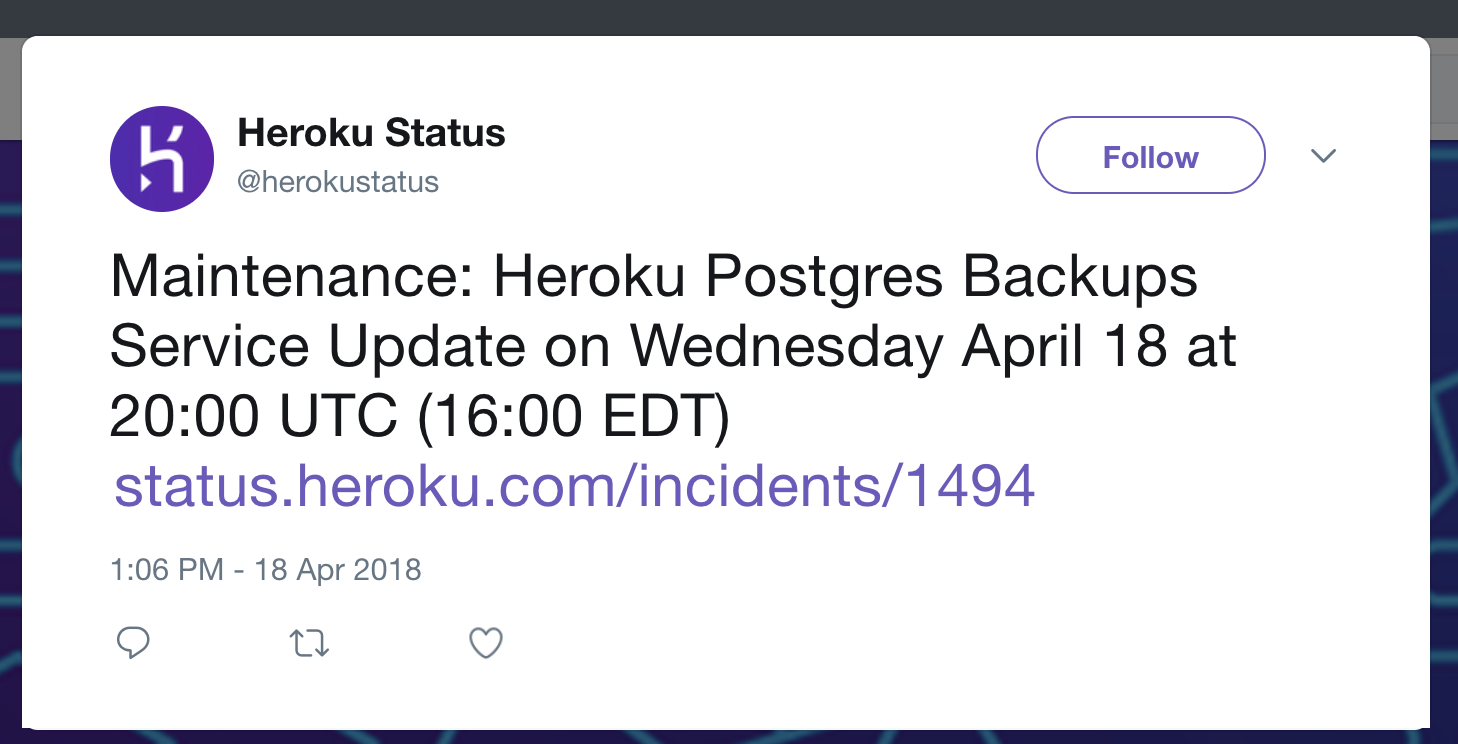 example of a status update from the twitter feed of Heroku