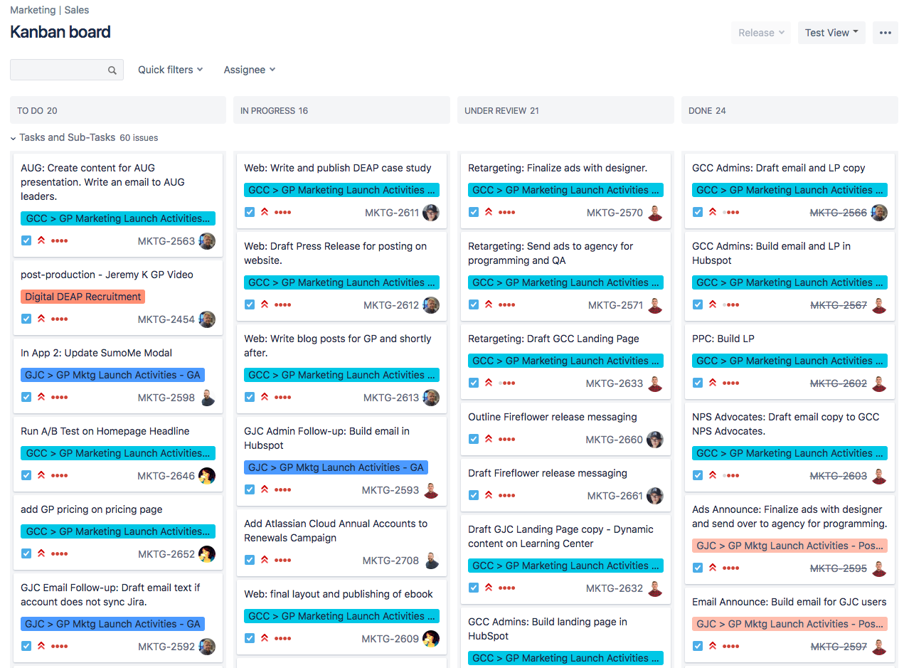 A traditional jira kanban board, lots of text