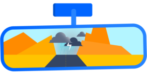 A rearview mirror illustration with a thunderstorm reflected in it.