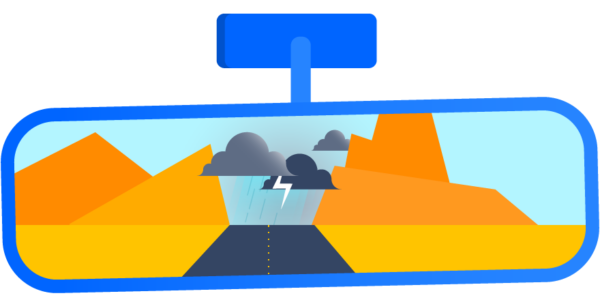 A rearview mirror illustration with a thunderstorm reflected in it.
