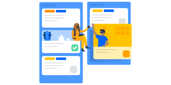 Illustration of people getting work done within virtual collaboration spaces