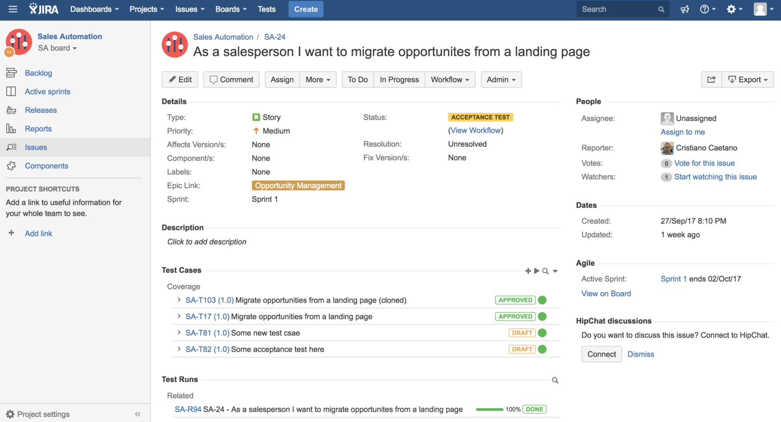 Jira Issue showing last execution results for related test cases