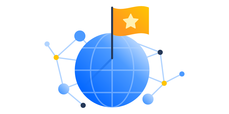 Illustration representing a global company including a globe and a flag
