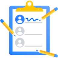 Illustration of a blue clipboard and people on it