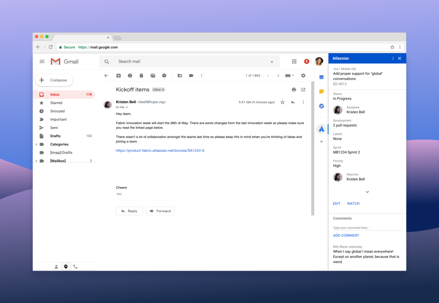 Screenshot of Gmail open with Altassian Jira ticket on left side