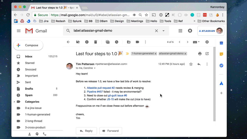 gif showing the use of the Atlassian Cloud integration for Gmail