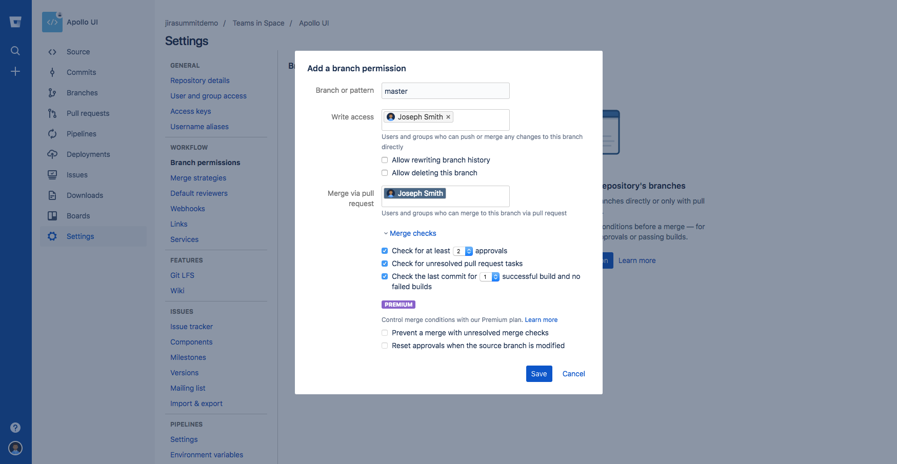 Using branch and merge permissions in Bitbucket