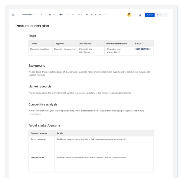 Product launch plan template in Confluence
