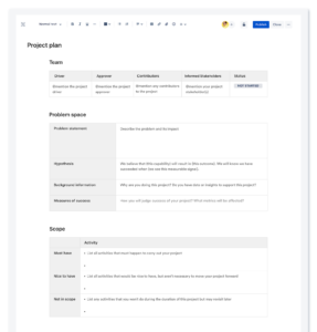 Project plan template in Confluence