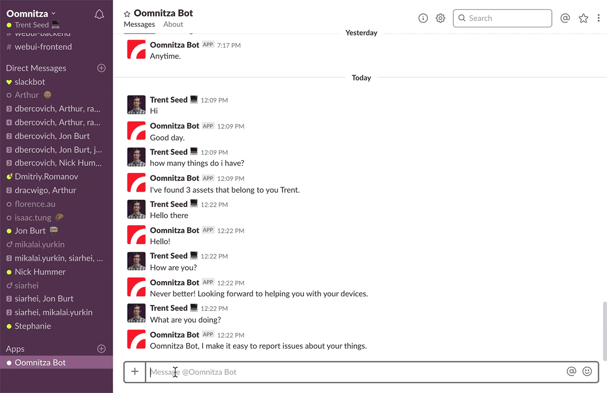 Gif of Oomnitza bot providing support through Slack