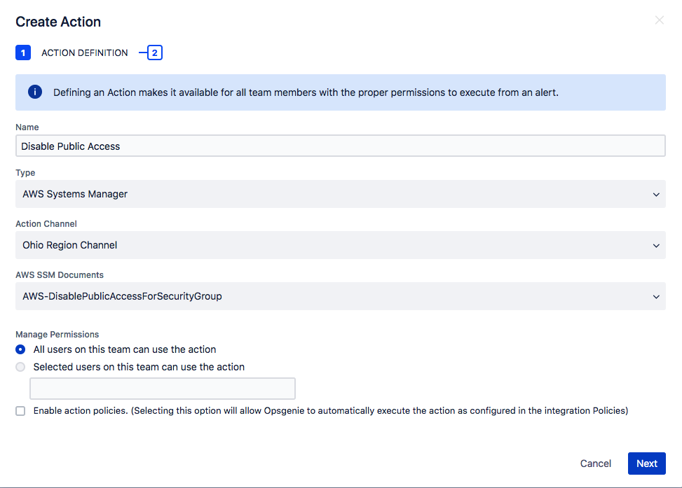 Create action in Opsgenie