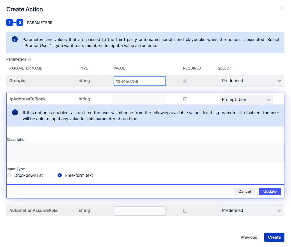 Define action parameters