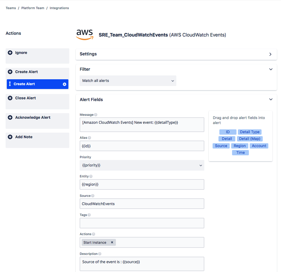 Configure CloudWatch events from the advanced tab of the integration. 