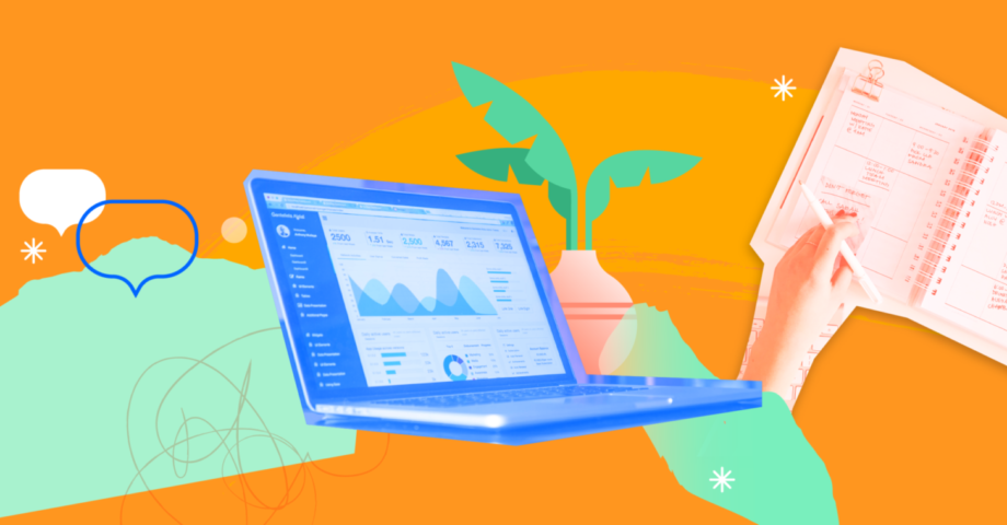 Illustration with a laptop, a person writing in a calendar planner and a house plant.