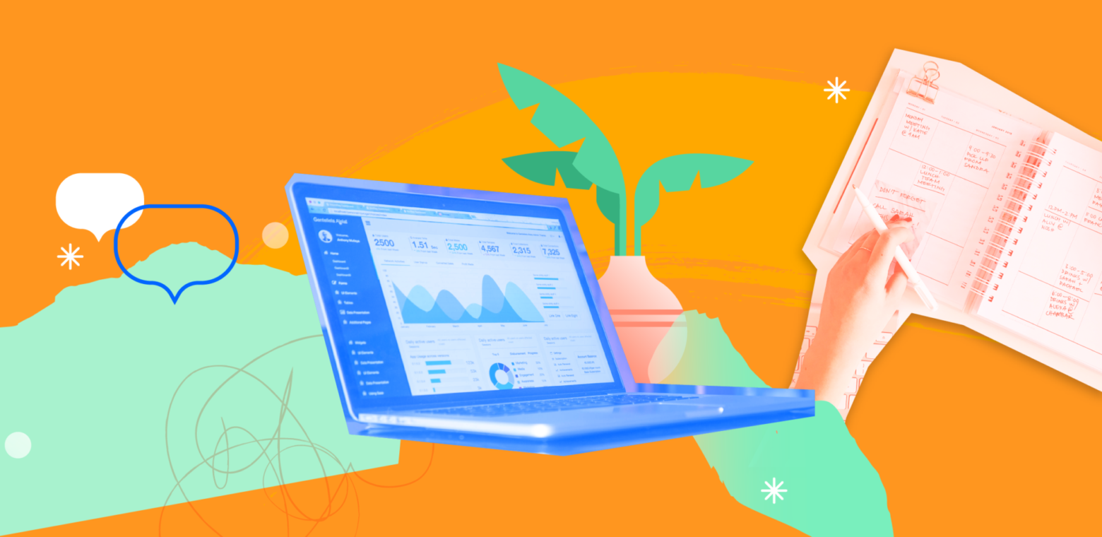 Illustration with a laptop, a person writing in a calendar planner and a house plant.