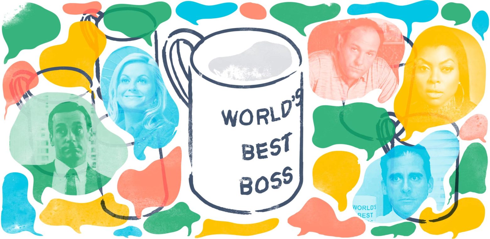 Illustration of coffee mug with TV celebrity headshots surrounding