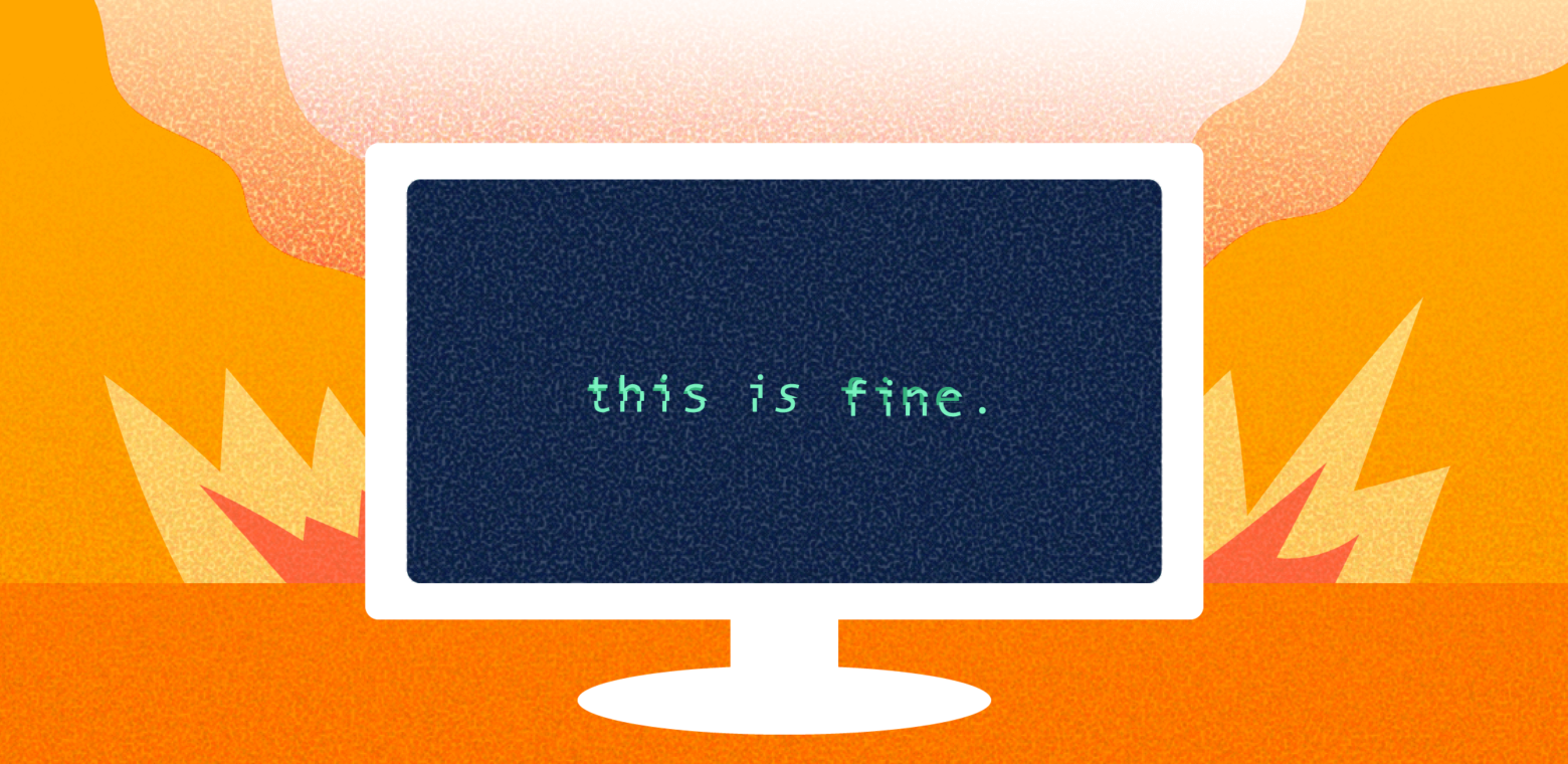 Illustration of computer monitor with black screen and text saying this is fine