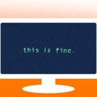 Illustration of computer monitor with black screen and text saying this is fine