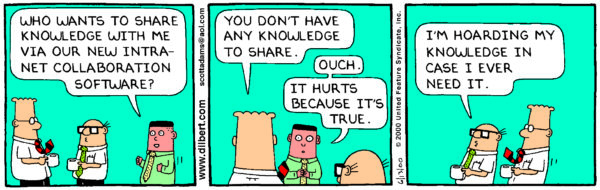 Dilbert comic strip about knowledge hoarding