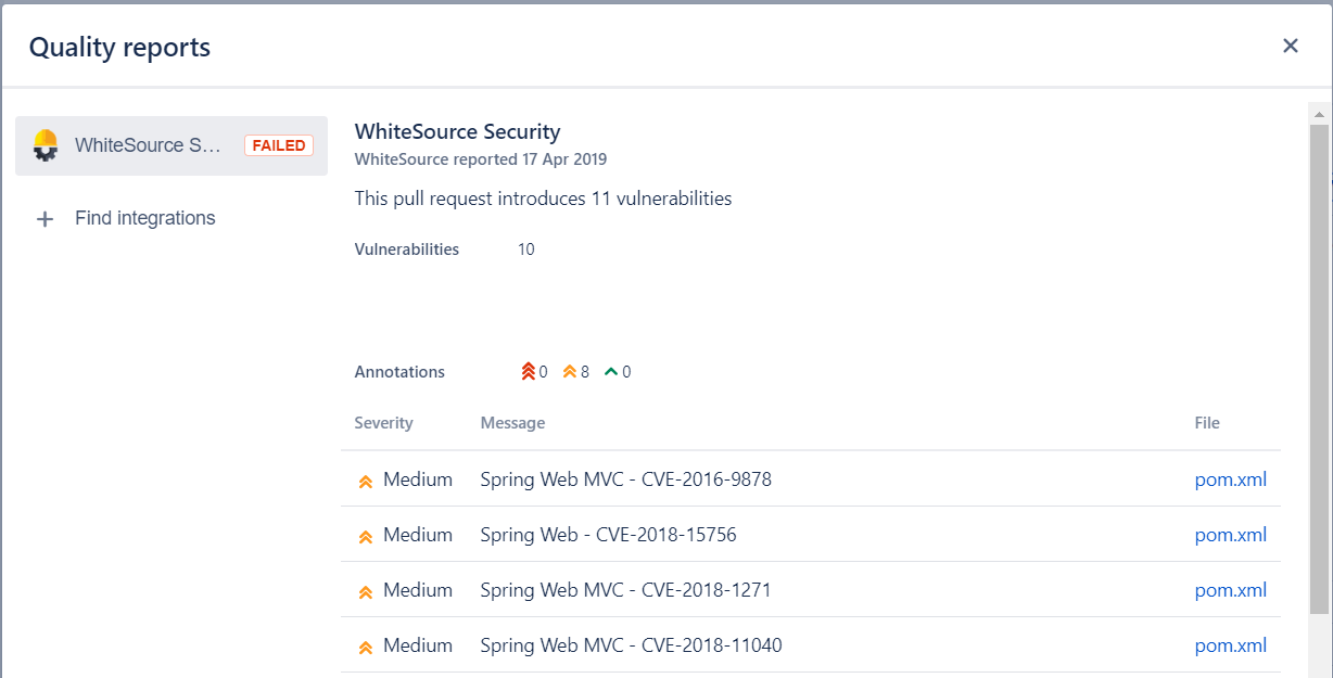 screenshot of WhiteSource code quality report