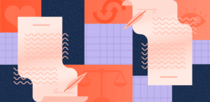 Illustration depicting fanciful ledgers charts and quills