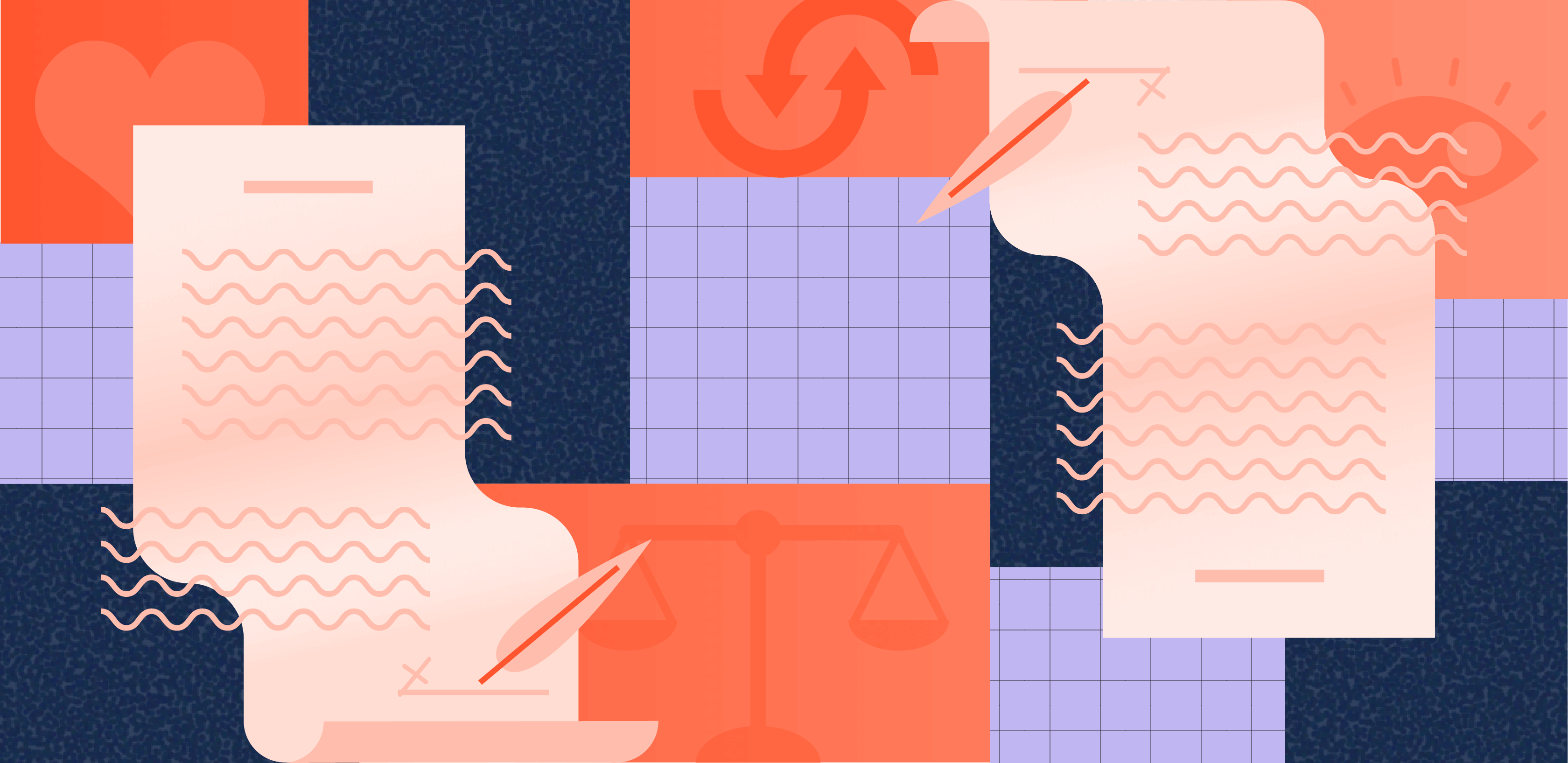 Illustration depicting fanciful ledgers charts and quills