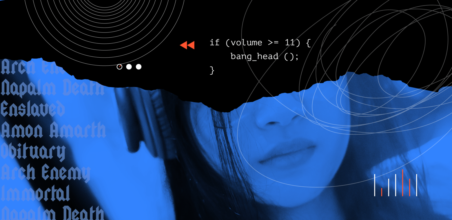 Picture of a woman listening to music while programming.