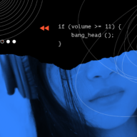 Picture of a woman listening to music while programming.