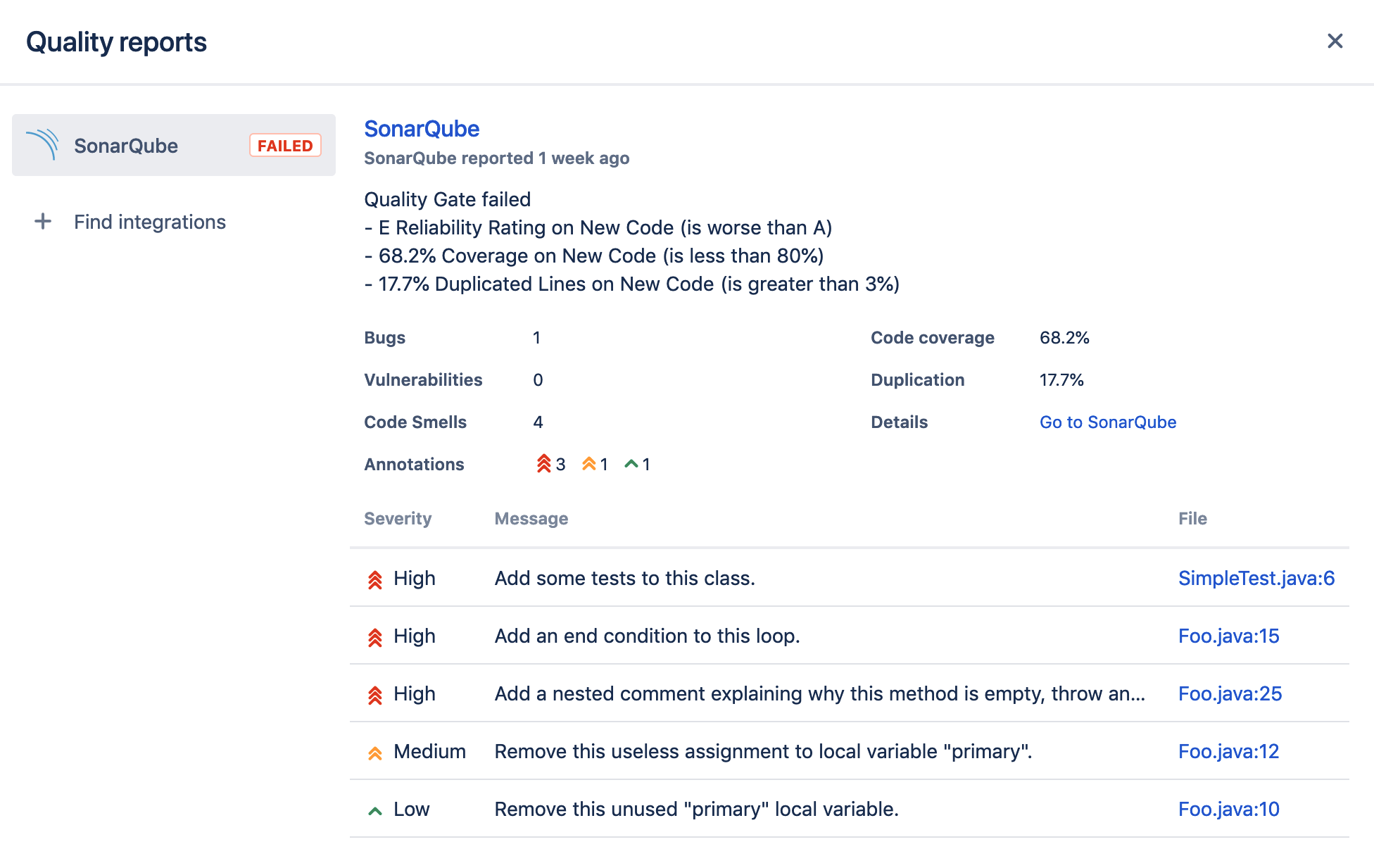 screenshot of SonarQube code quality report