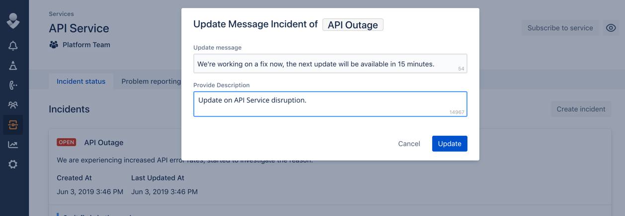 click to send an incident update message