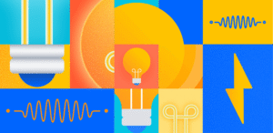 cubist-style illustration of lightbulbs and wires