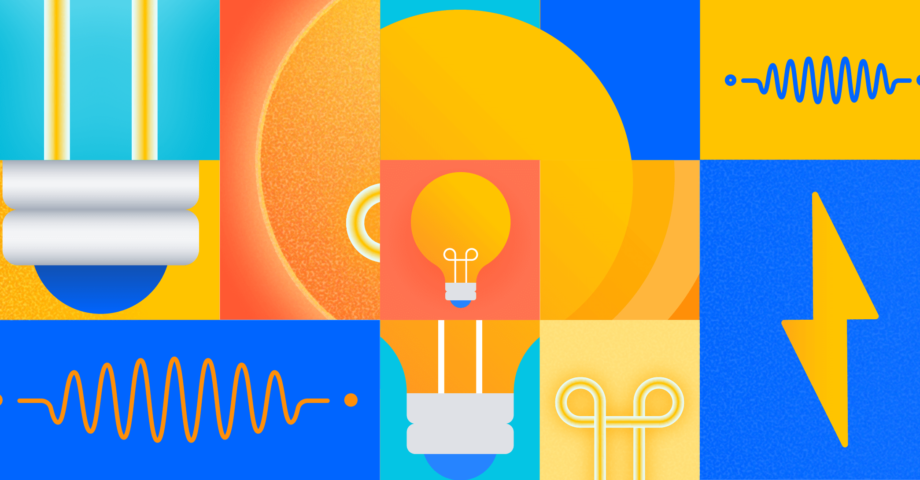 cubist-style illustration of lightbulbs and wires